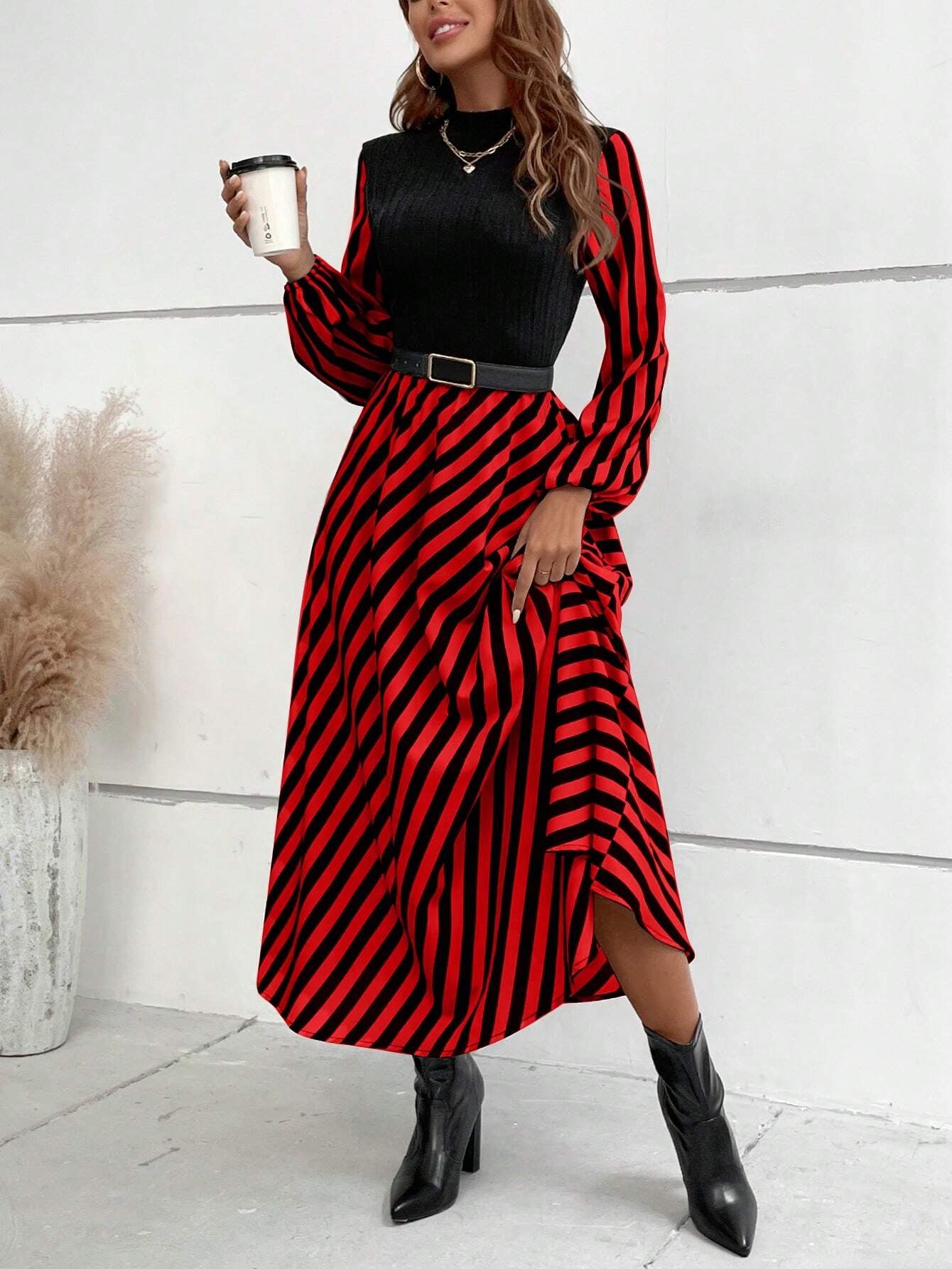 SHEIN RaffinéA Striped Mock Neck Lantern Sleeve Dress without Belt Maxi Women Outfit