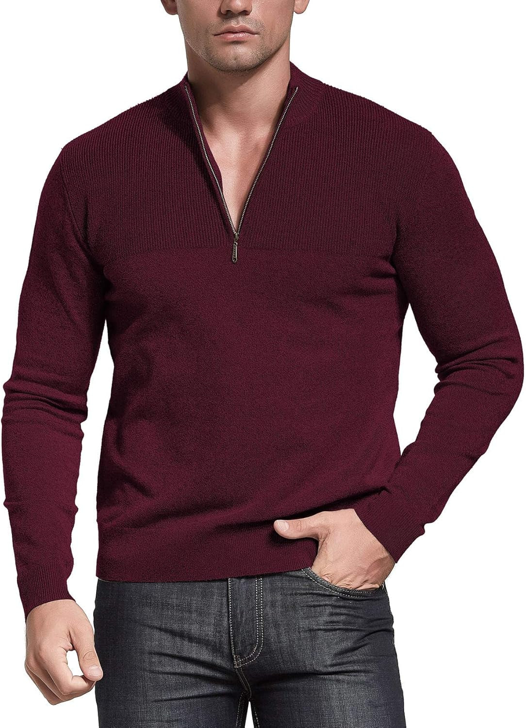 Mens Slim Fit Zip up Mock Neck Polo Sweater Casual Long Sleeve Sweater and Pullover Sweaters with Ribbing Edge