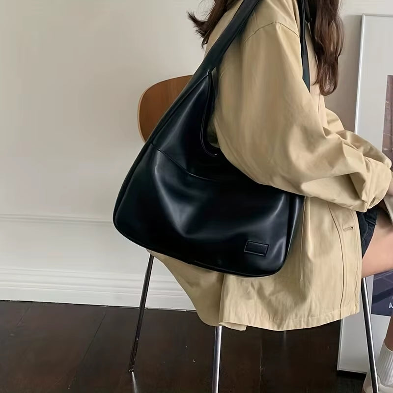 Women Hobo Bag Simple PU Leather Solid Shoulder Bag 2023 Fashion Large Capacity Handbag for School Work