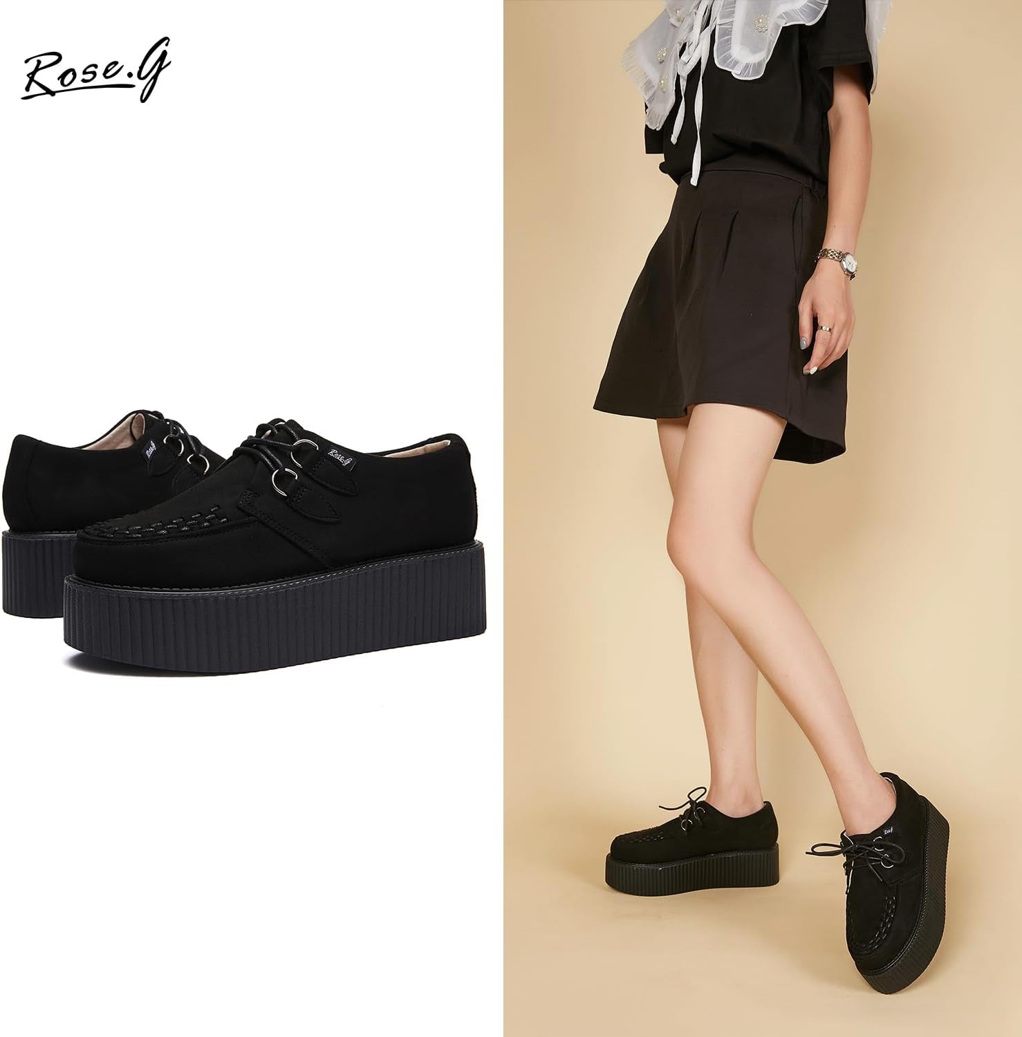 Women'S Handmade Suede Lace up Flat Platform Creepers Shoe