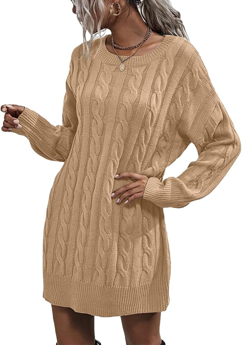 Womens Sweater Dress Crewneck Long Sleeve Cable Knitted Dress Casual Loose Knit Mini Dress