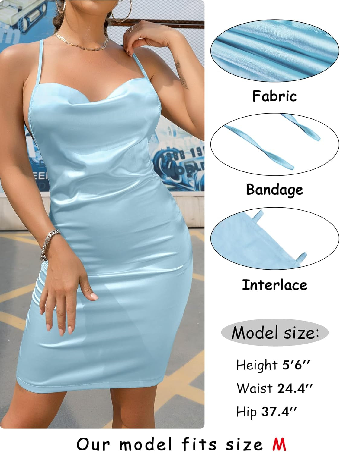 Satin Mini Dress for Women Sexy Cowl Neck Backless Silk Slip Camisole Night Club Party Dresses Blue