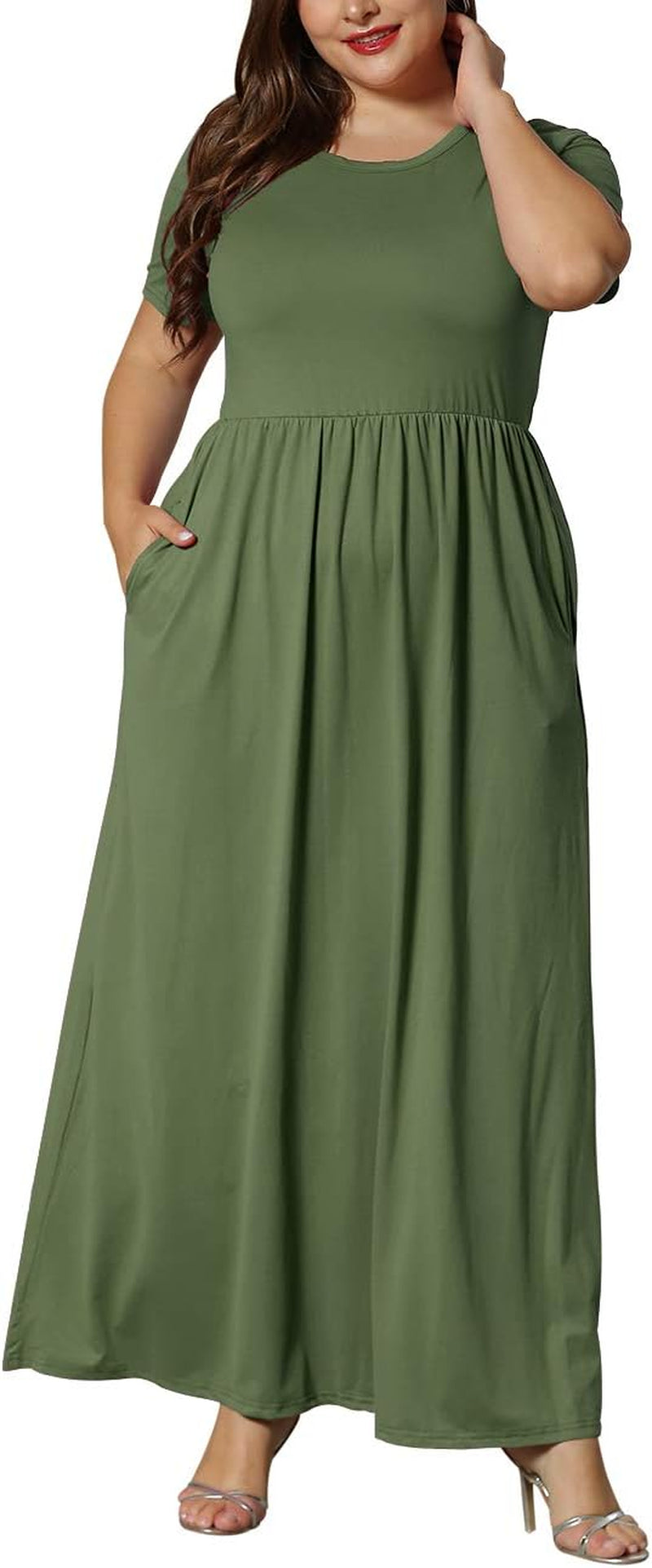 Women'S plus Size Short Sleeve Loose Plain Casual Long Maxi Dresses with Pockets