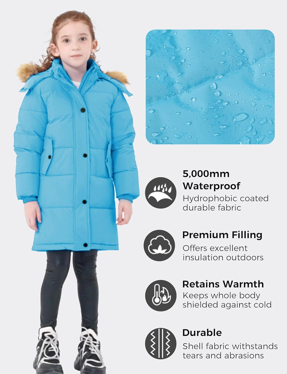 Girl'S Winter Jacket Long Puffer Coat Fleece Outerwear Jacket with Hood Waterproof