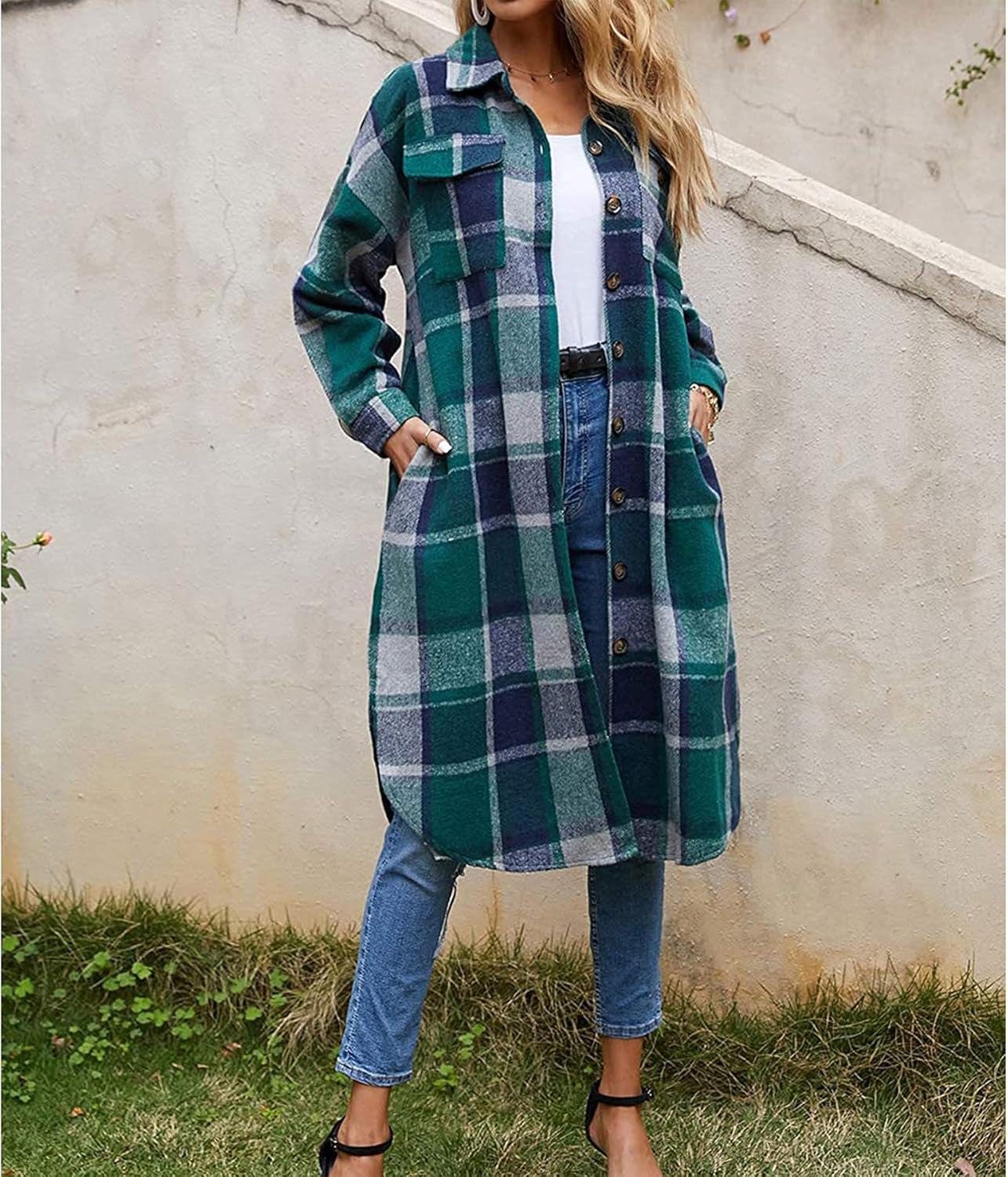 Women'S Casual Wool Blend Long Plaid Shirt Jacket Button down Pocketed Shirt Shacket