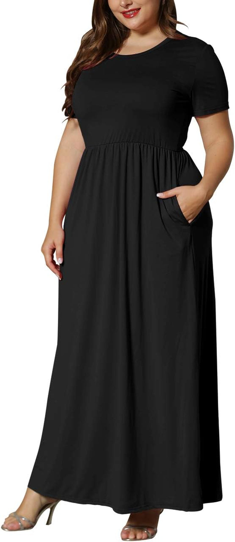 Women'S plus Size Short Sleeve Loose Plain Casual Long Maxi Dresses with Pockets