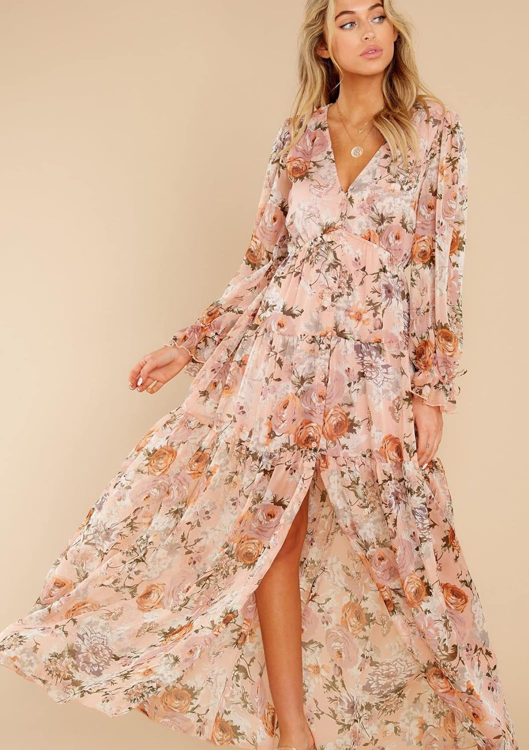 Women'S Long Sleeve V-Neck Floral Maxi Dress Casual Long Dresses Beach Dresses (Medium, Pink)