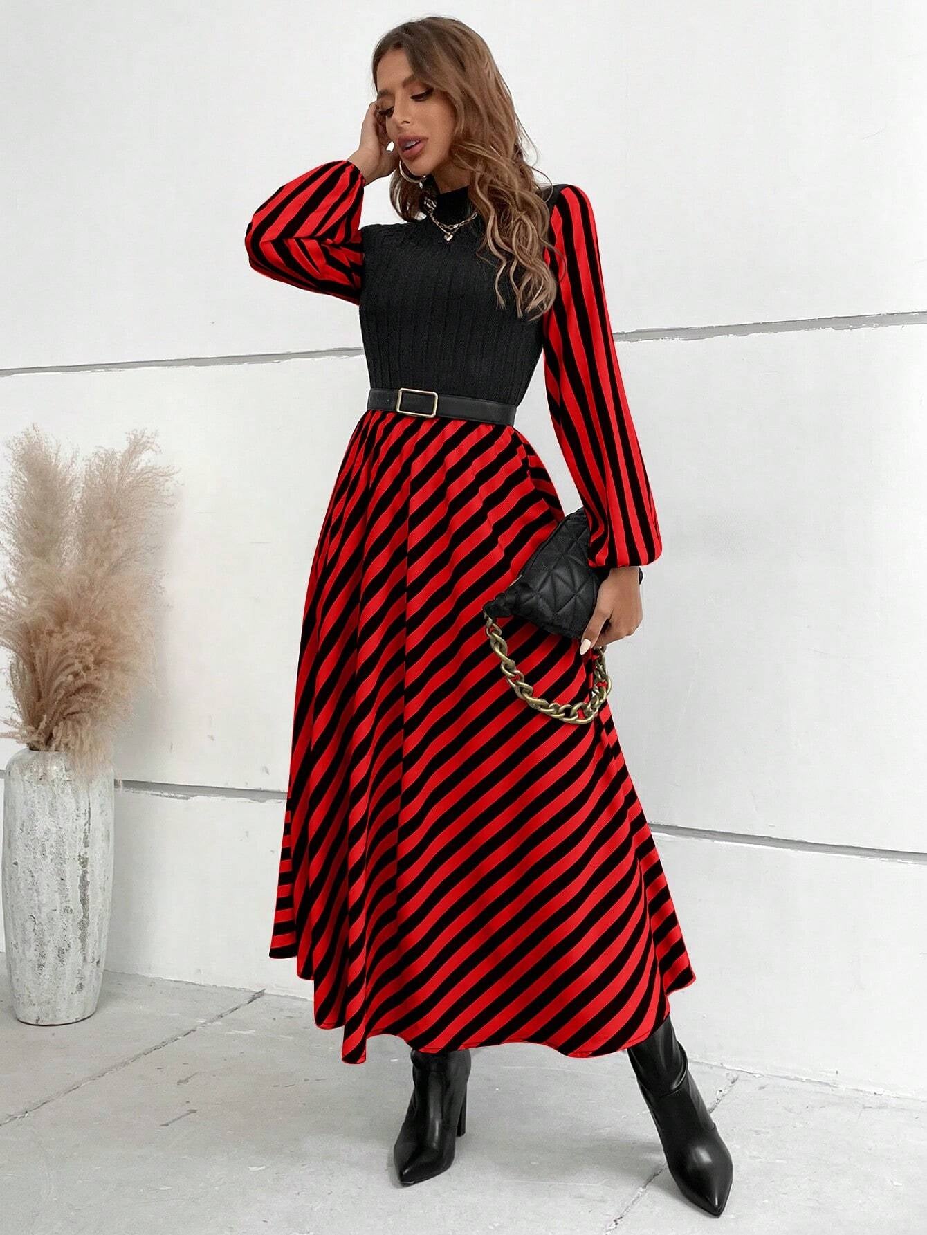 SHEIN RaffinéA Striped Mock Neck Lantern Sleeve Dress without Belt Maxi Women Outfit