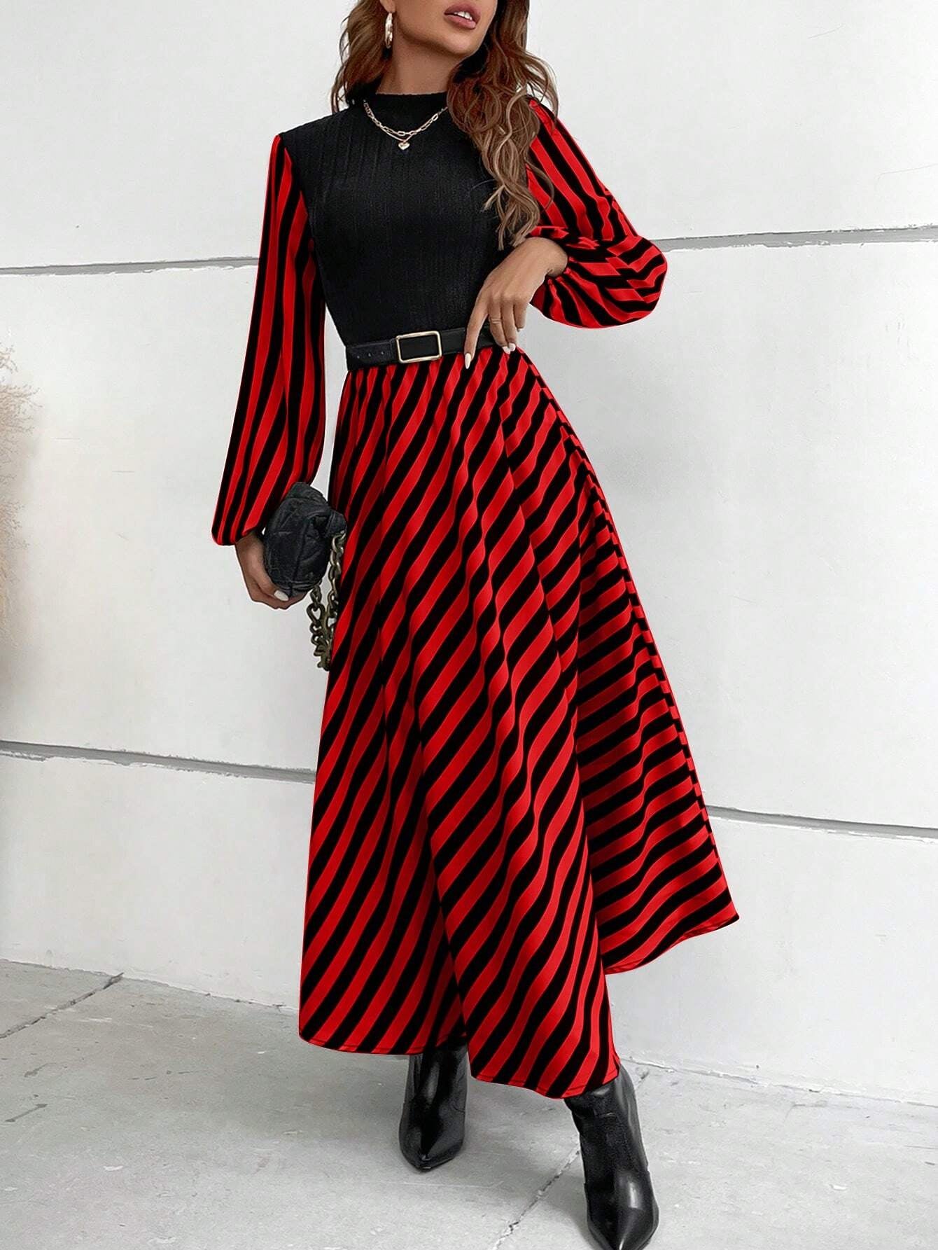 SHEIN RaffinéA Striped Mock Neck Lantern Sleeve Dress without Belt Maxi Women Outfit