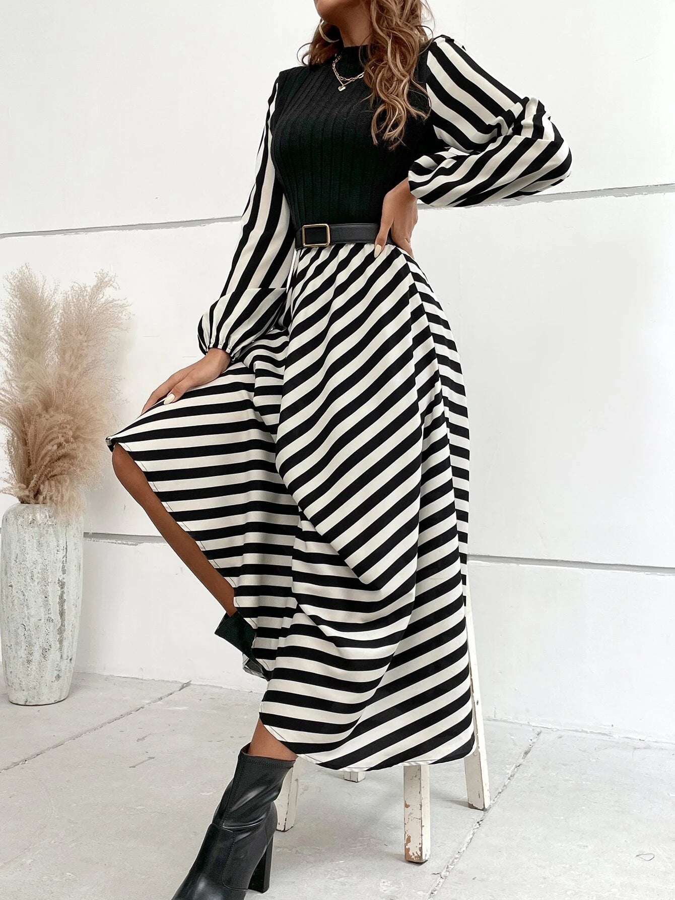 SHEIN RaffinéA Striped Mock Neck Lantern Sleeve Dress without Belt Maxi Women Outfit