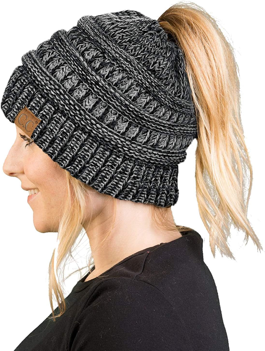 Women'S Beanie Ponytail Messy Bun Beanietail Solid Ribbed Hat Cap