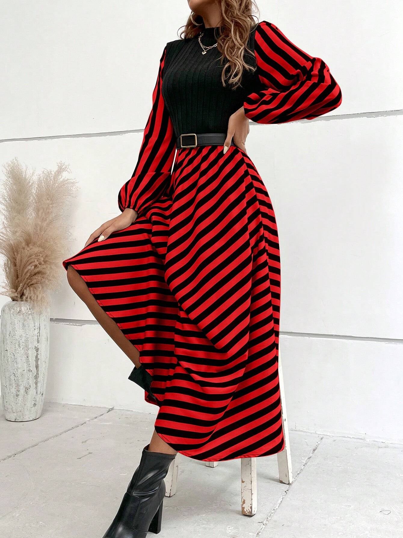 SHEIN RaffinéA Striped Mock Neck Lantern Sleeve Dress without Belt Maxi Women Outfit