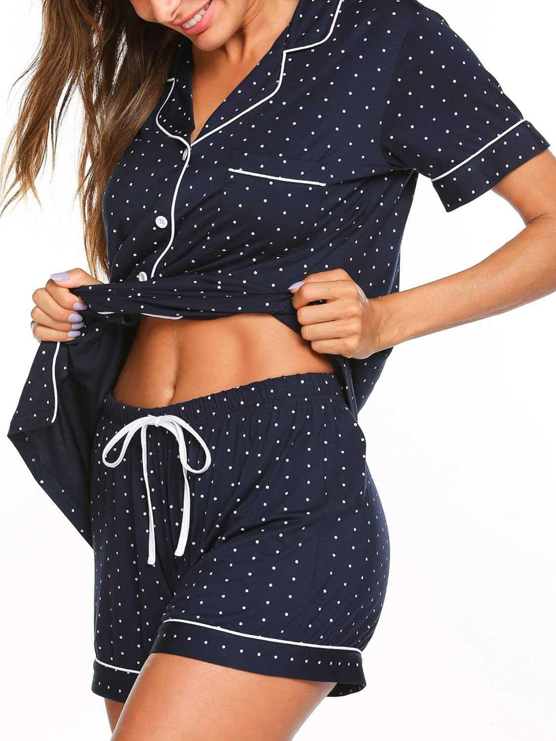 Pajamas Set Short Sleeve Sleepwear Womens Button down Nightwear Soft Pj Lounge Sets with Pocket S-4XL, Navy with White Dots, Large