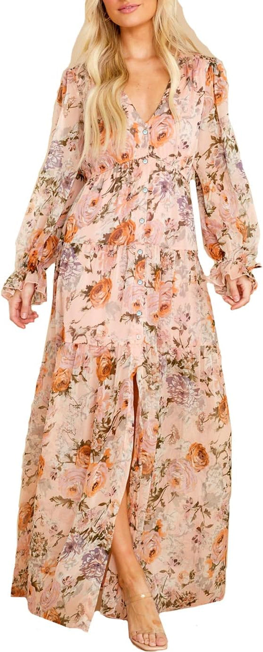 Women'S Long Sleeve V-Neck Floral Maxi Dress Casual Long Dresses Beach Dresses (Medium, Pink)