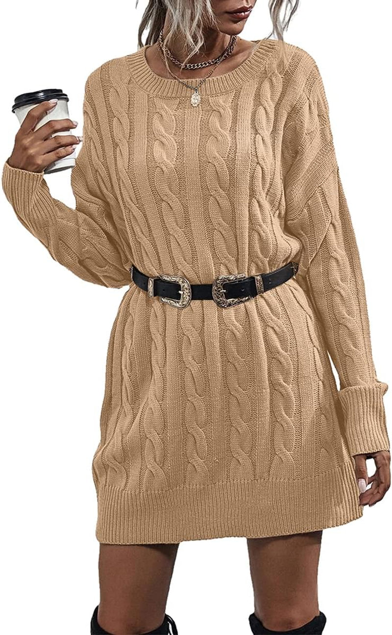 Womens Sweater Dress Crewneck Long Sleeve Cable Knitted Dress Casual Loose Knit Mini Dress