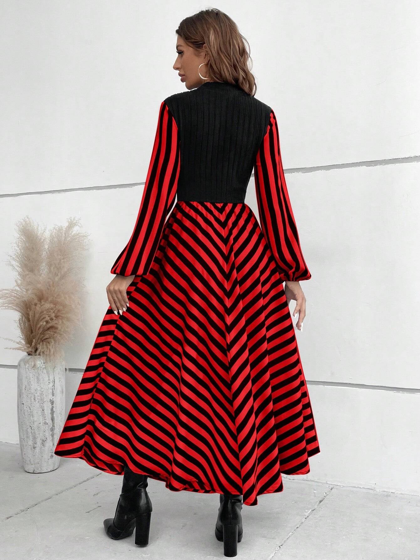 SHEIN RaffinéA Striped Mock Neck Lantern Sleeve Dress without Belt Maxi Women Outfit