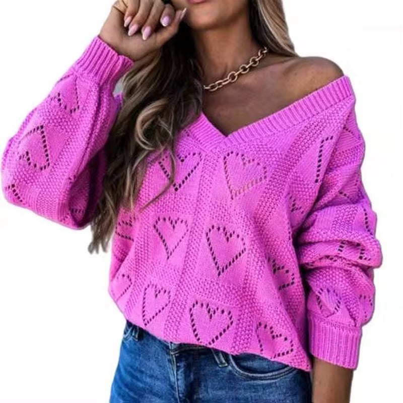 Hollow Crochet Sweater Women Autumn Winter Love Heart Loose Knitwear Women'S Clothing Кофта Женская Pull Femme 2023