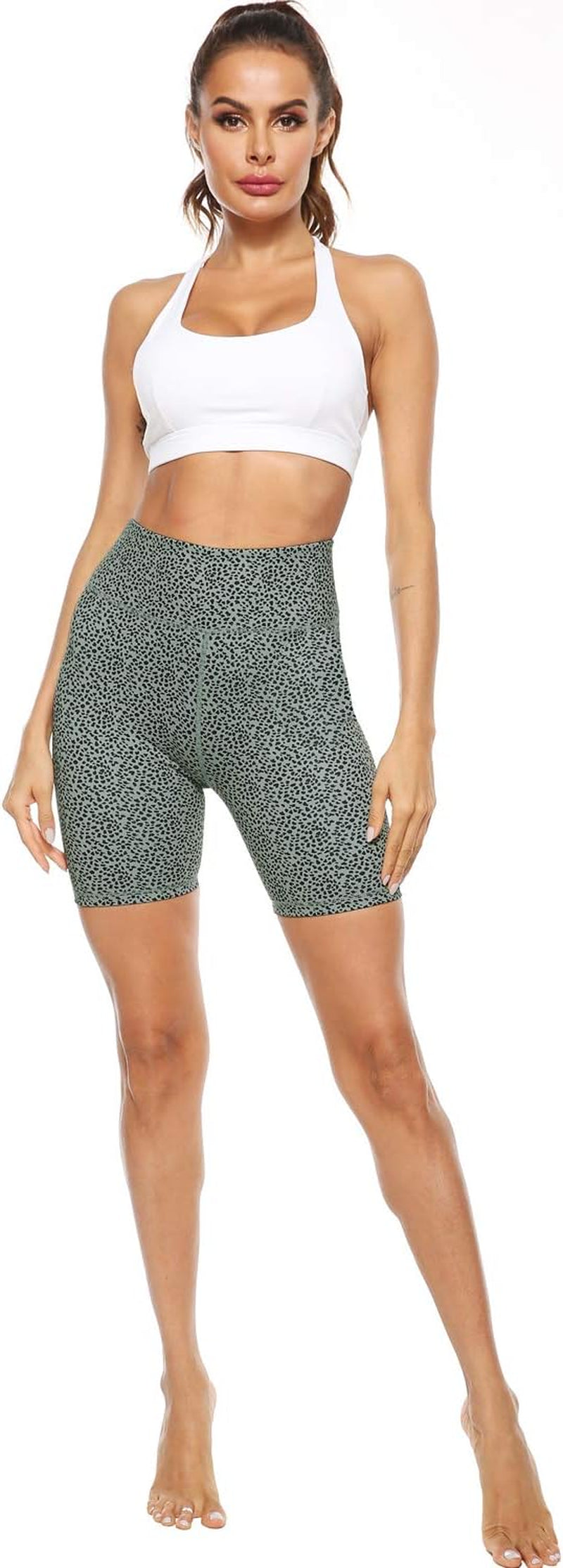 Women'S High Waist Print Workout Yoga Shorts with 2 Hidden Pockets, Non See-Through Tummy Control Athletic Shorts