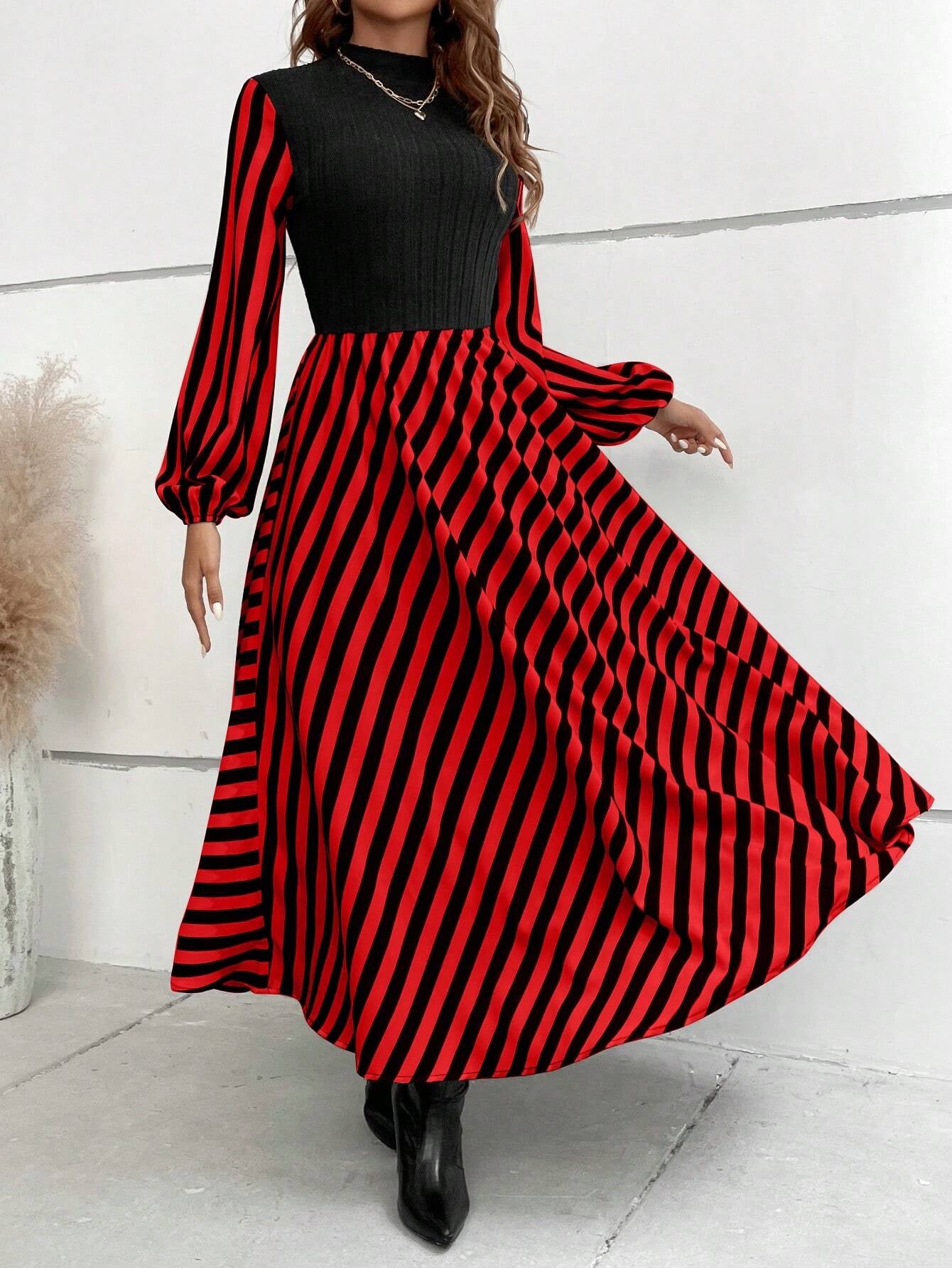 SHEIN RaffinéA Striped Mock Neck Lantern Sleeve Dress without Belt Maxi Women Outfit