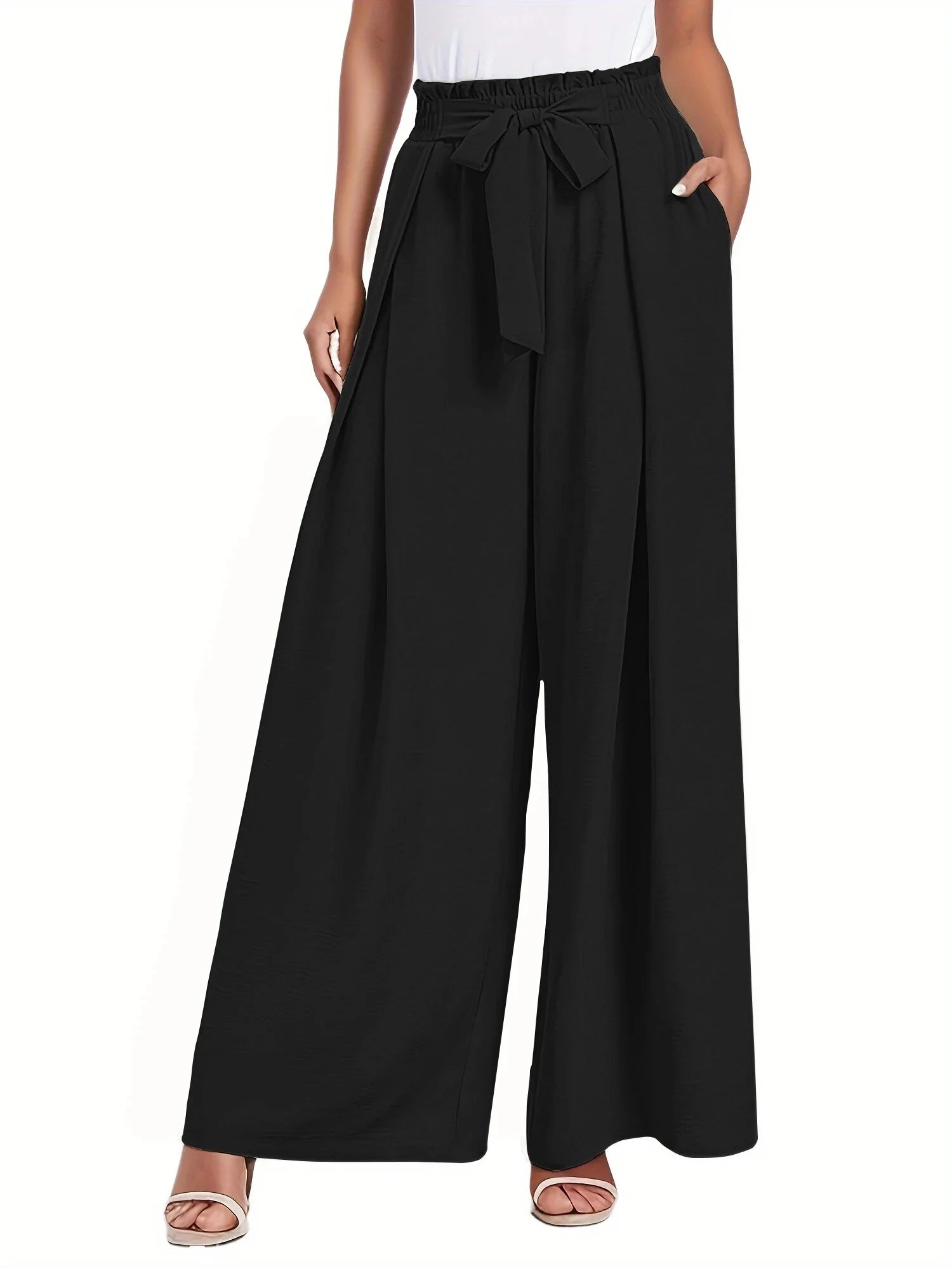 Womens Wide Leg Lounge Pants with Pockets High Waisted Adjustable Tie Knot Loose Casual Trousers Dress Work Pants