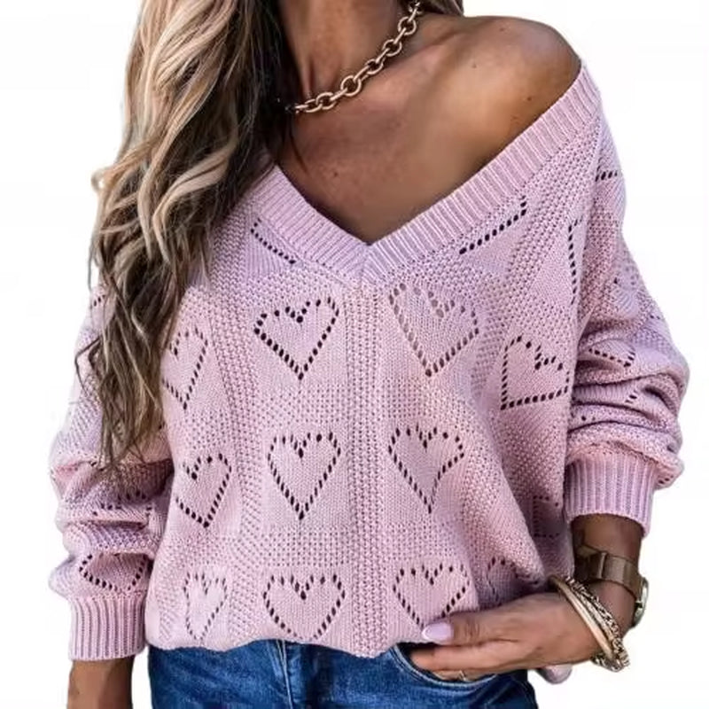 Hollow Crochet Sweater Women Autumn Winter Love Heart Loose Knitwear Women'S Clothing Кофта Женская Pull Femme 2023