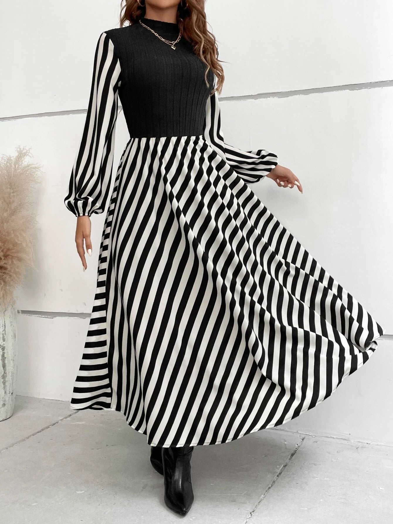 SHEIN RaffinéA Striped Mock Neck Lantern Sleeve Dress without Belt Maxi Women Outfit