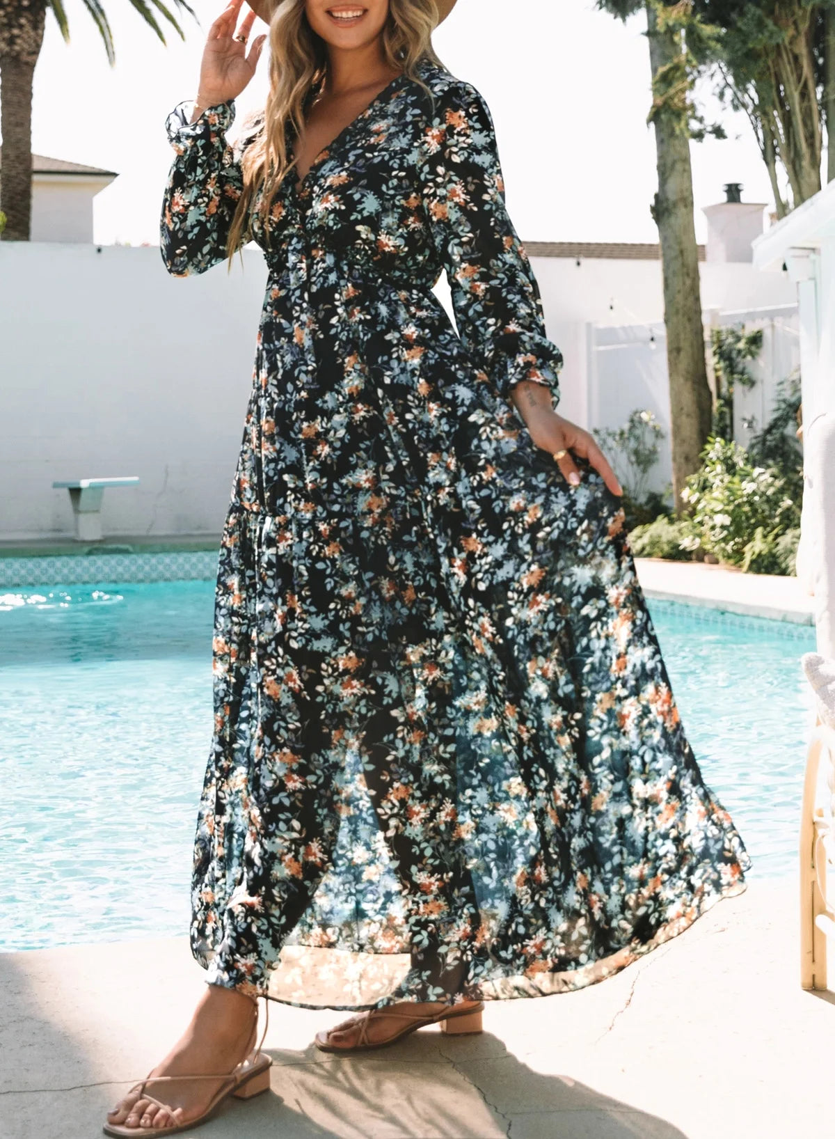 Blue Floral Print Maxi Dress for Women Fall Chiffon Deep V Neck Long Sleeves Ruffle Hem Party Dresses Fashion Elastic Cuffs Boho Dresses for Holiday Vacation, US 4-6(S)