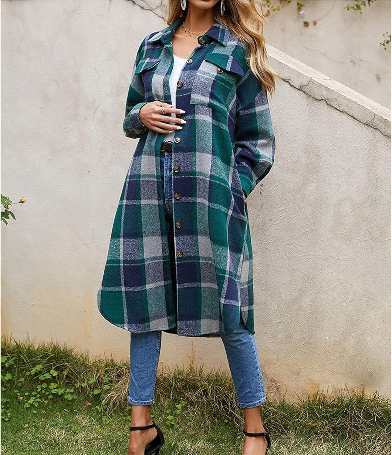 Women'S Casual Wool Blend Long Plaid Shirt Jacket Button down Pocketed Shirt Shacket