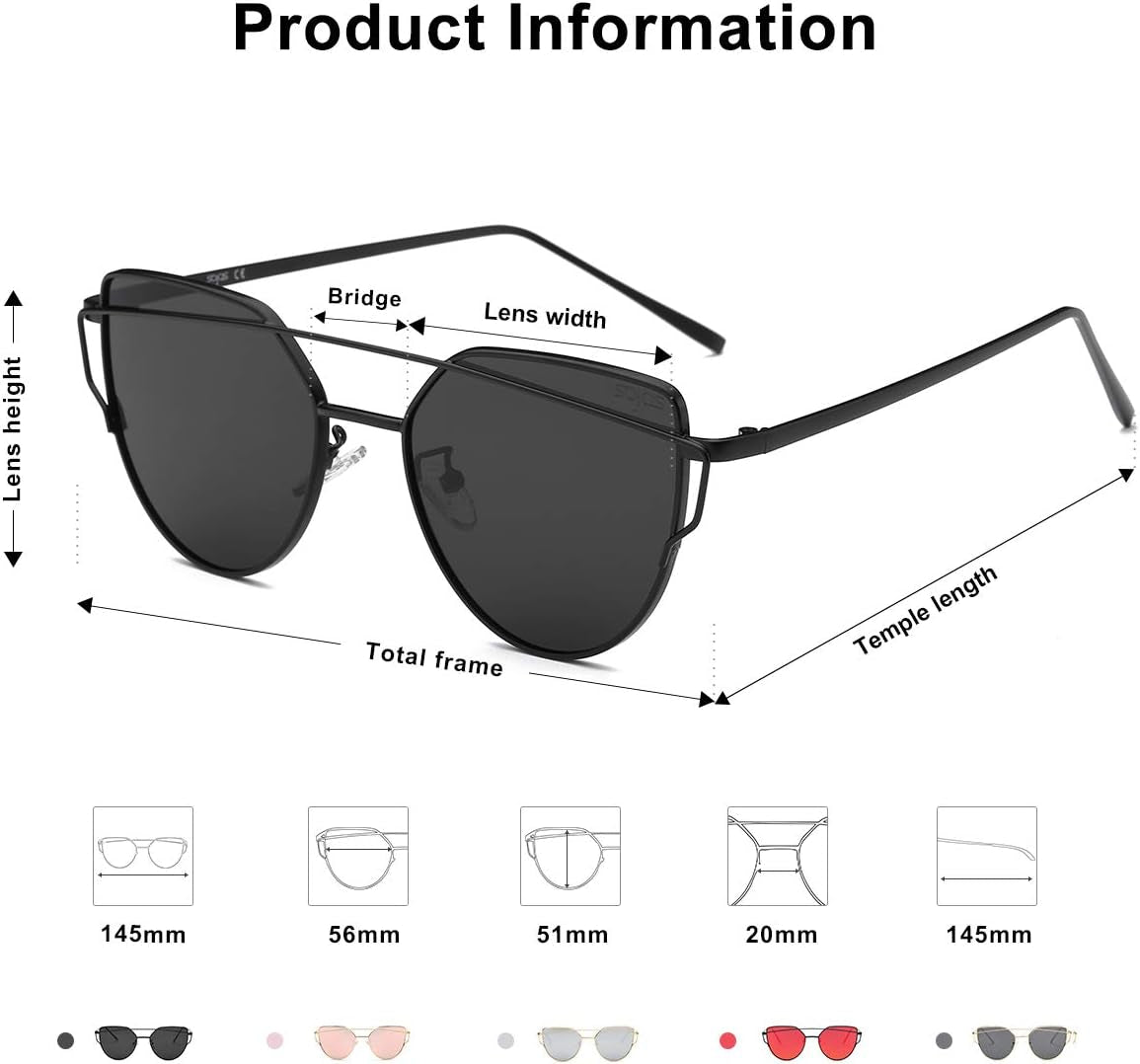 Cat Eye Sunglasses for Women Fashion Designer Style Mirrored Lenses SJ1001