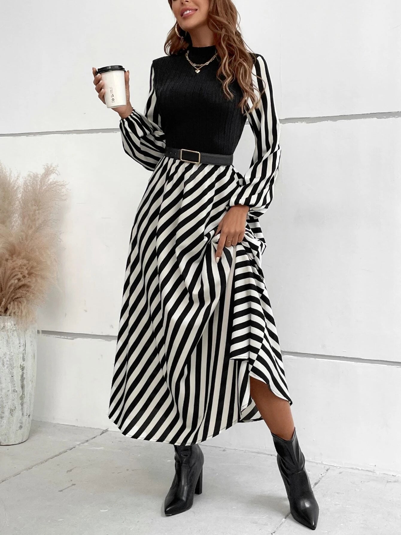 SHEIN RaffinéA Striped Mock Neck Lantern Sleeve Dress without Belt Maxi Women Outfit