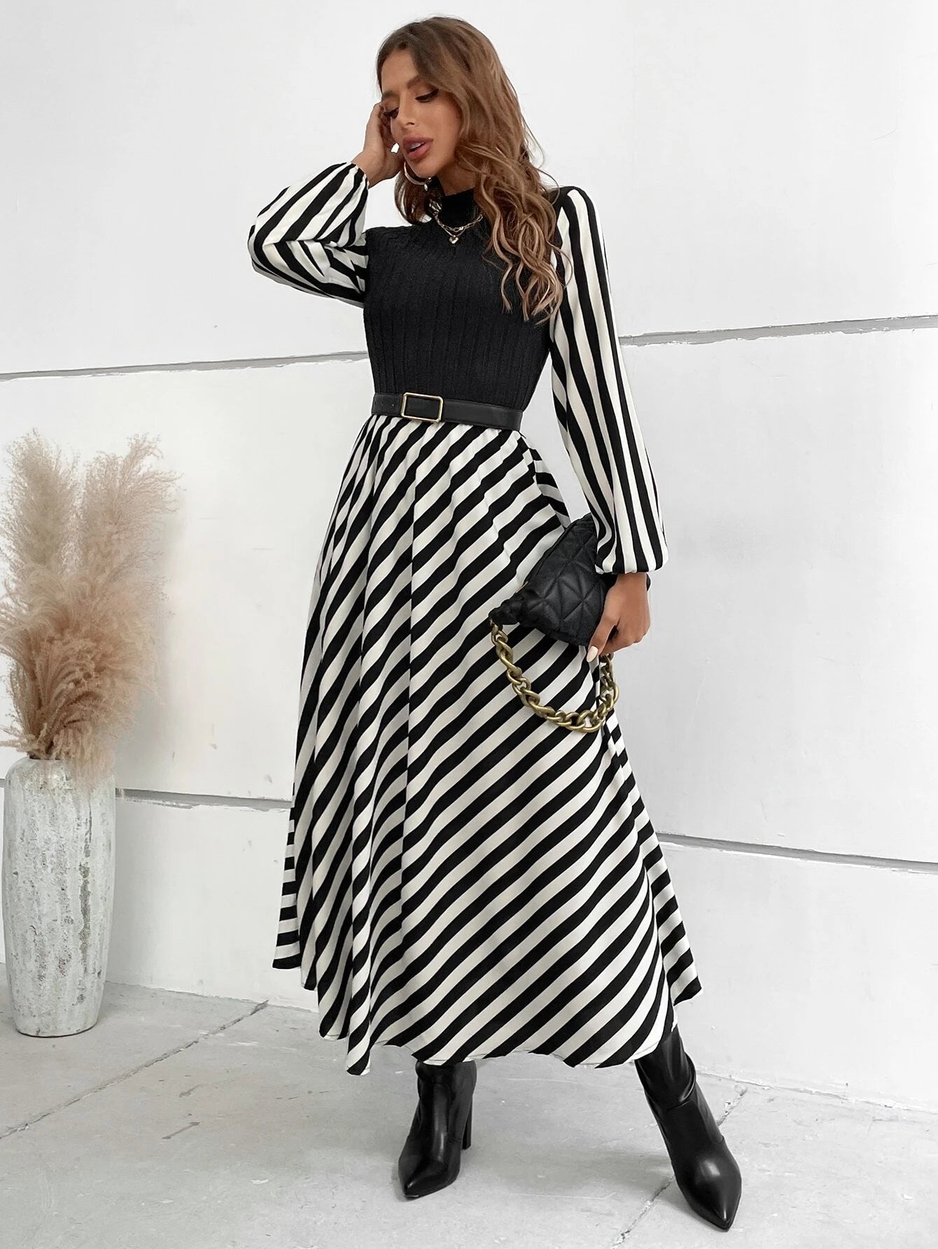 SHEIN RaffinéA Striped Mock Neck Lantern Sleeve Dress without Belt Maxi Women Outfit