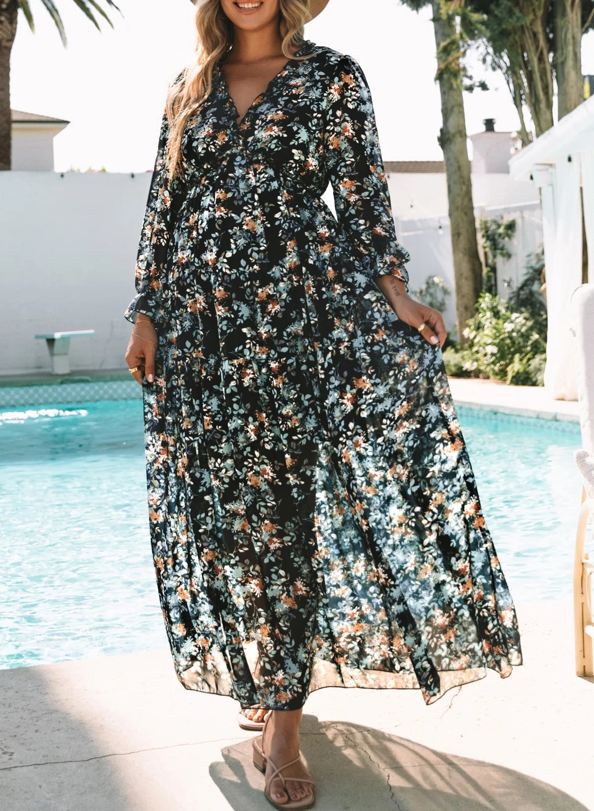 Blue Floral Print Maxi Dress for Women Fall Chiffon Deep V Neck Long Sleeves Ruffle Hem Party Dresses Fashion Elastic Cuffs Boho Dresses for Holiday Vacation, US 4-6(S)