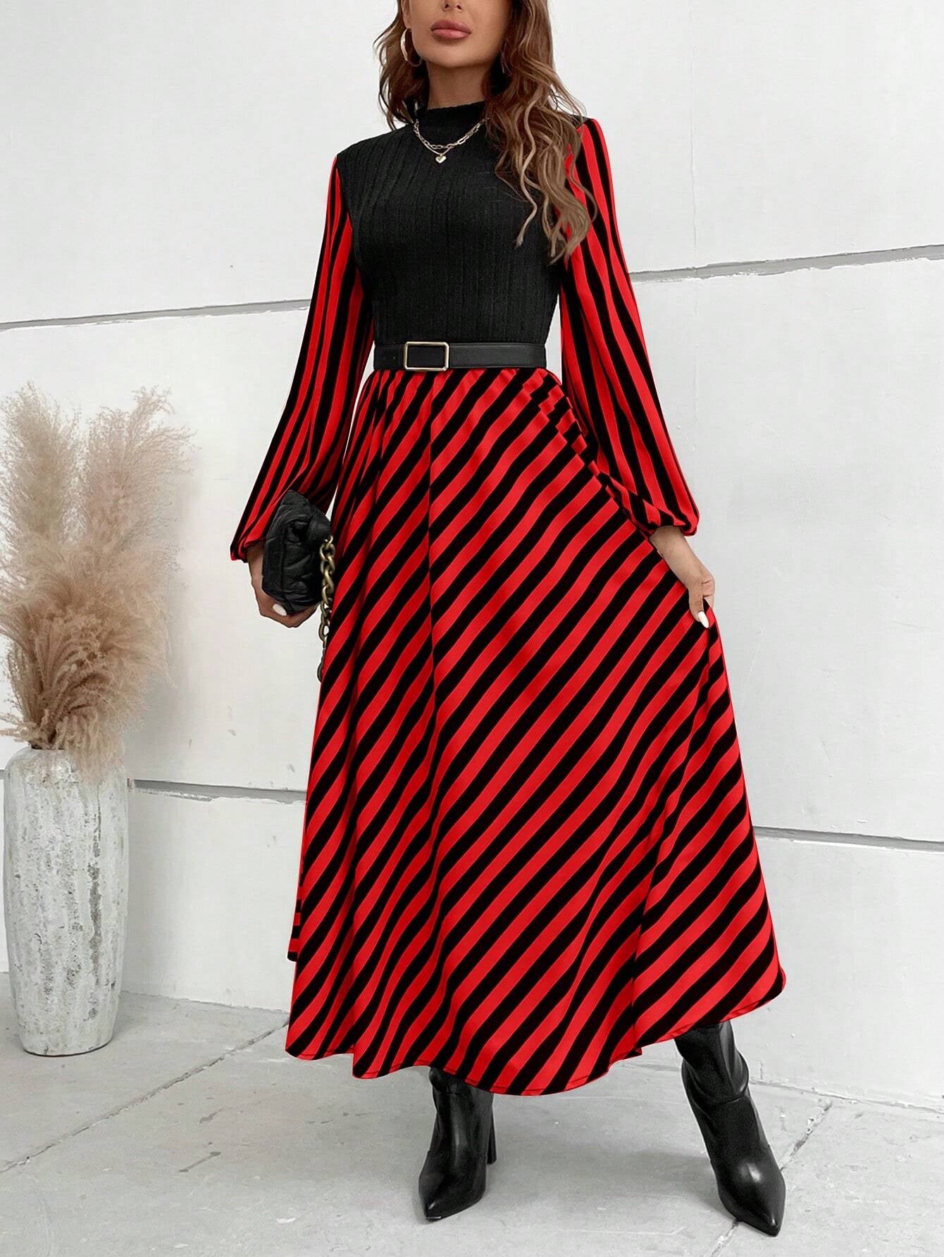 SHEIN RaffinéA Striped Mock Neck Lantern Sleeve Dress without Belt Maxi Women Outfit