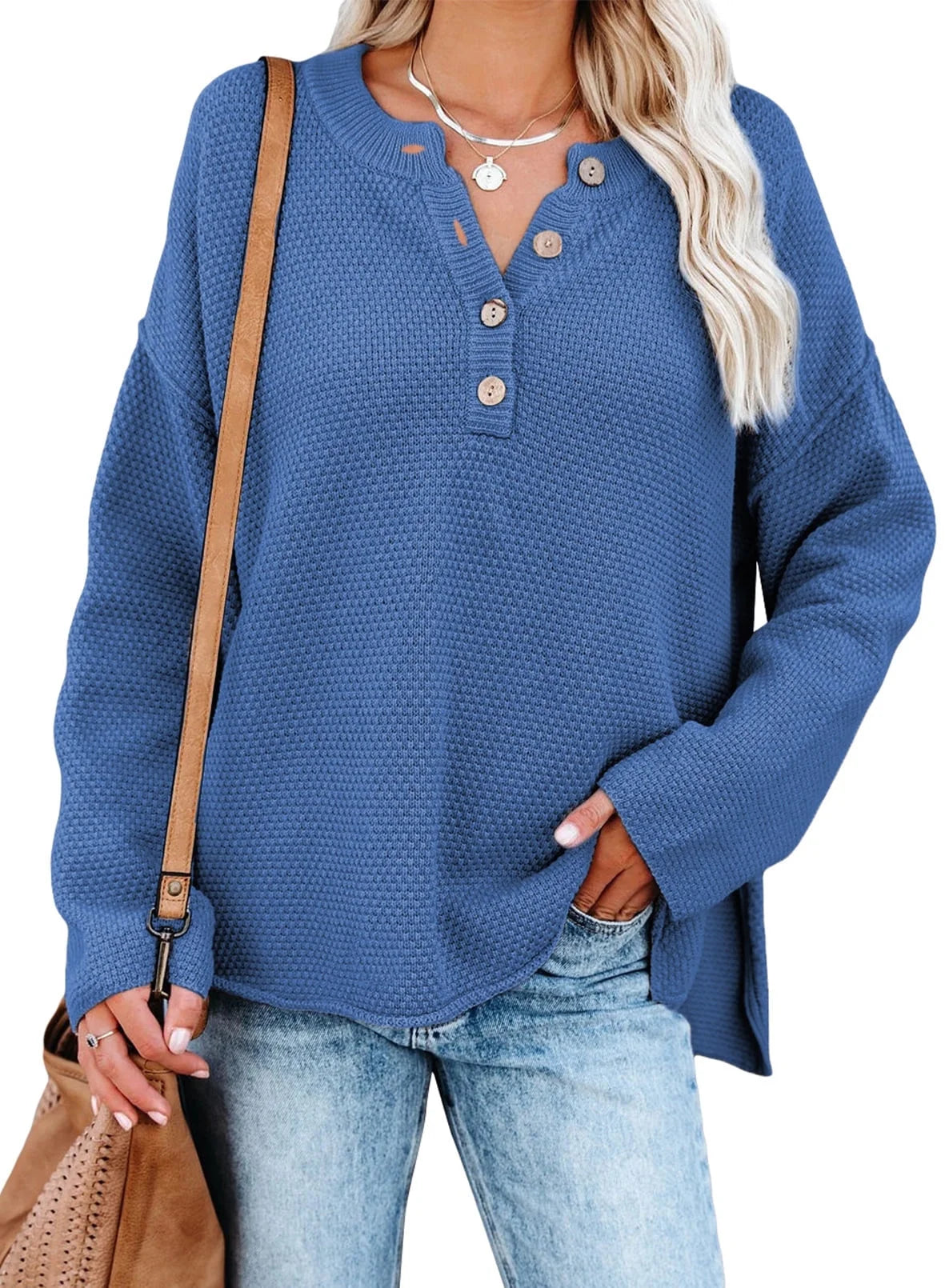 Women Solid Color Sweater Blue Waffle Knit Pullover Side Split Tunic Tops 12 14