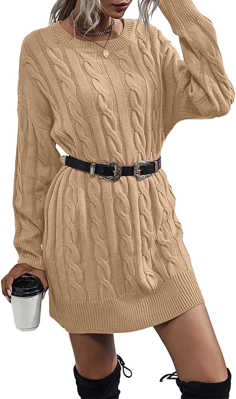 Womens Sweater Dress Crewneck Long Sleeve Cable Knitted Dress Casual Loose Knit Mini Dress