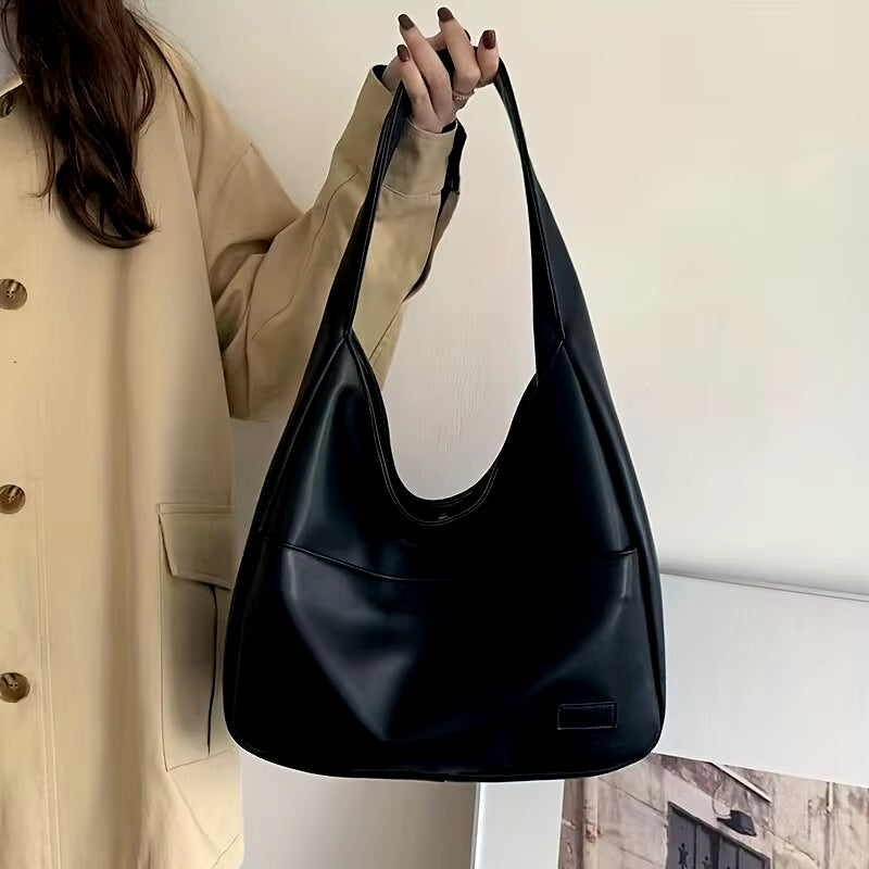 Women Hobo Bag Simple PU Leather Solid Shoulder Bag 2023 Fashion Large Capacity Handbag for School Work