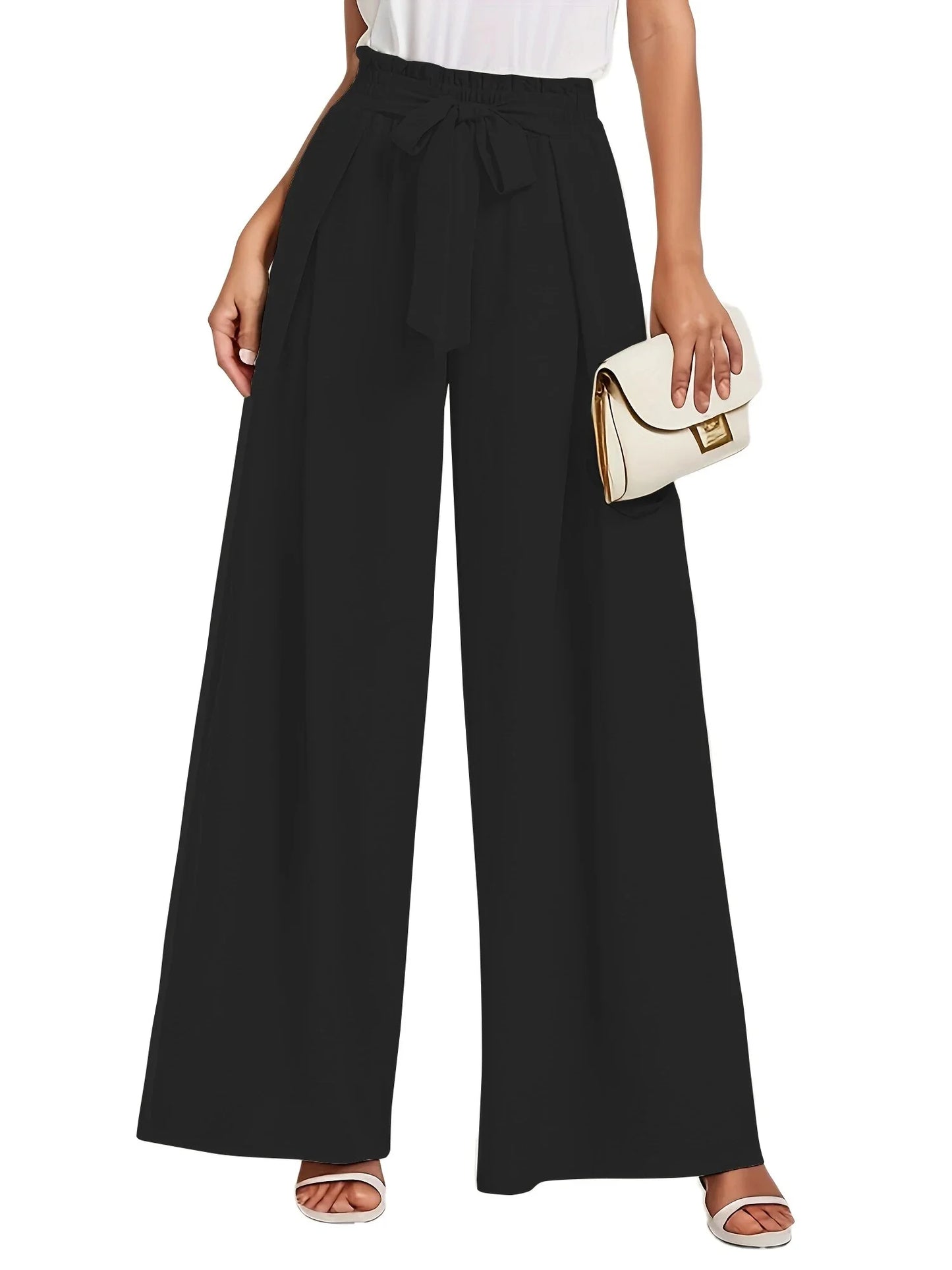 Womens Wide Leg Lounge Pants with Pockets High Waisted Adjustable Tie Knot Loose Casual Trousers Dress Work Pants