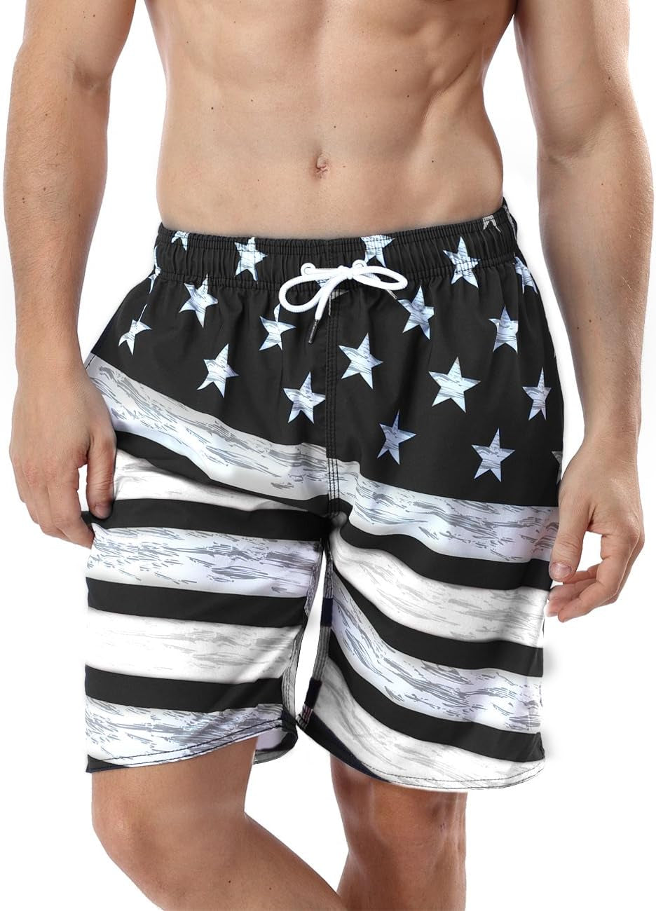 Quick Drying Swim Trunks Men 7'' Beach Swimming Shorts Bathing Suit Striped Swimwear Board Shorts with Pockets