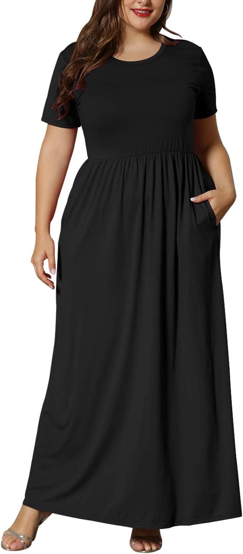 Women'S plus Size Short Sleeve Loose Plain Casual Long Maxi Dresses with Pockets