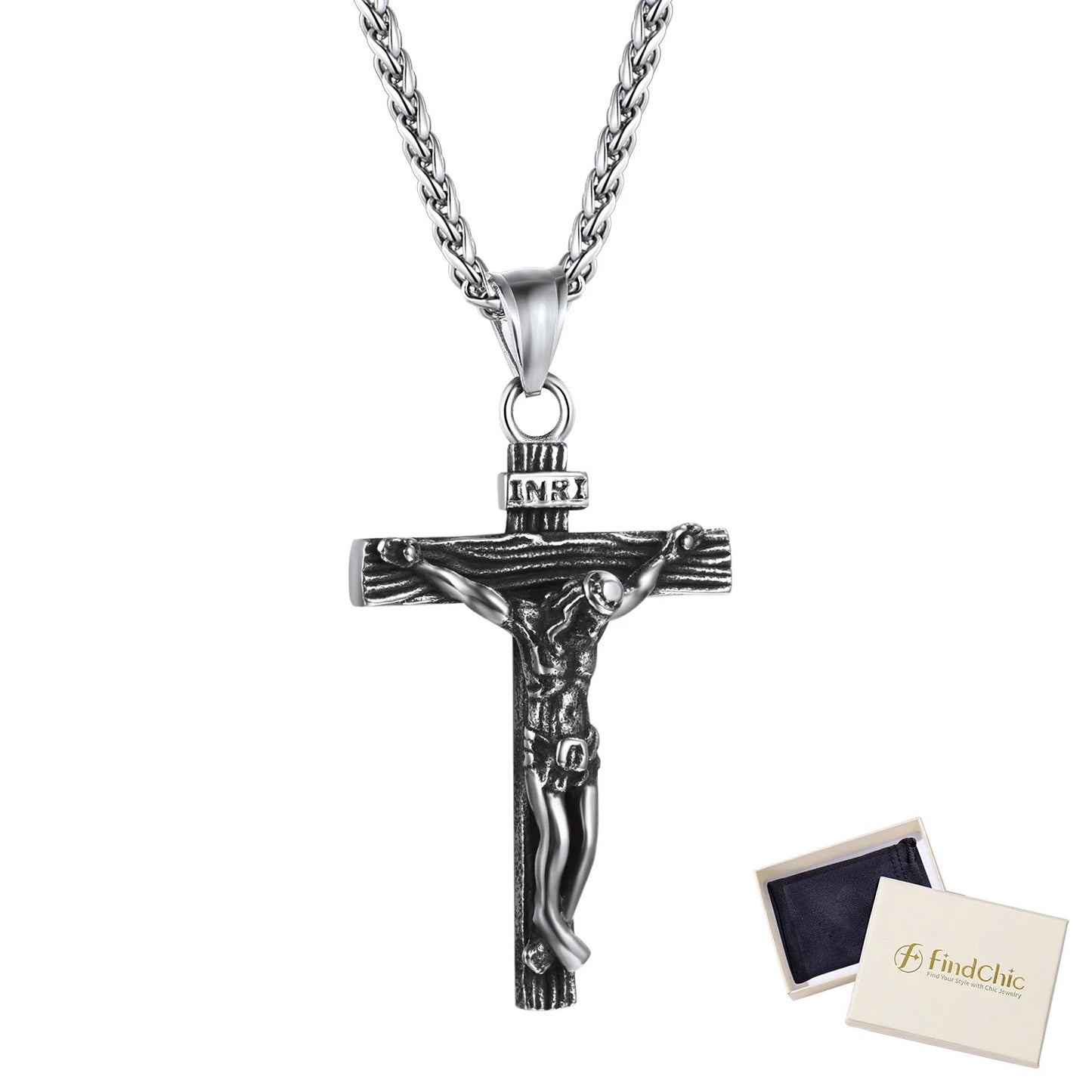 Men Cross Necklace Christian Crucifix Jewelry Stainless Steel Pendant Chain Jesus Christ Lord'S Prayer Pendant with 22Inch,Thanksgiving Day Gift Chain