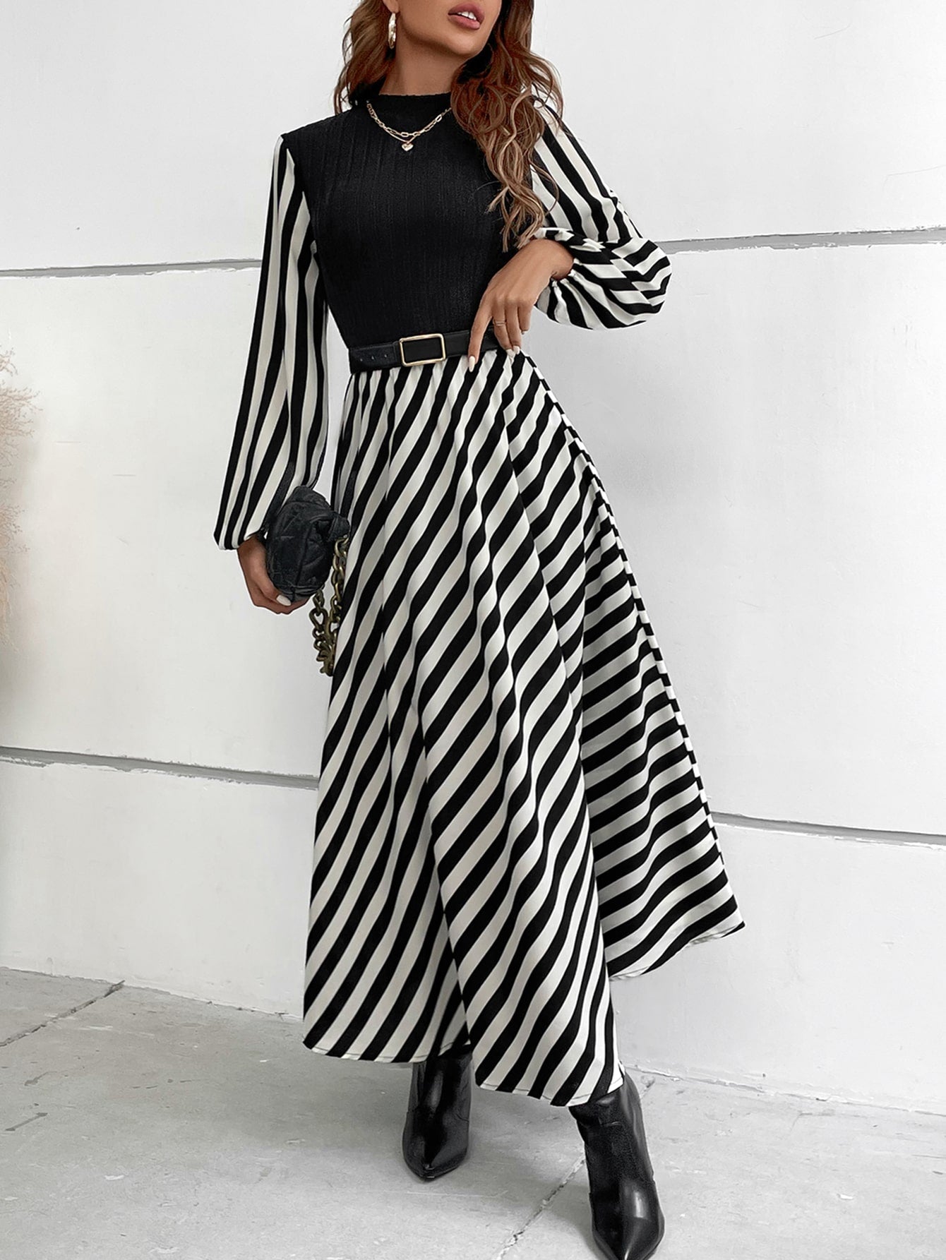 SHEIN RaffinéA Striped Mock Neck Lantern Sleeve Dress without Belt Maxi Women Outfit